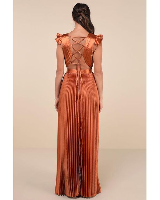 Lulus Orange Exceptional Drama Satin Lace-Up Pleated Maxi Dress