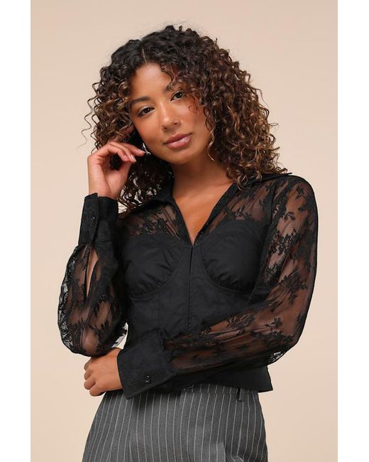 Lulus Black Major Affection Lace Collared Cropped Bustier Top