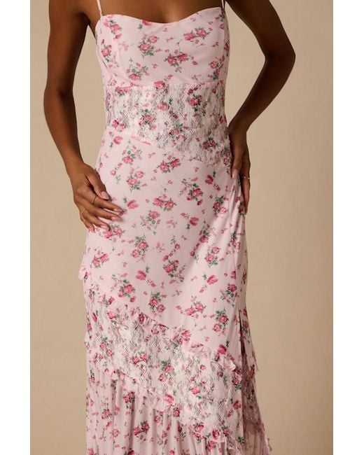 Lulus Pink Kasha Floral Asymmetrical Maxi Dress
