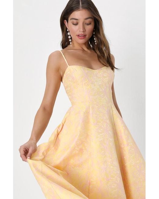 Lulus Yellow Meet For Tea Jacquard Bustier Midi Dress With Pockets