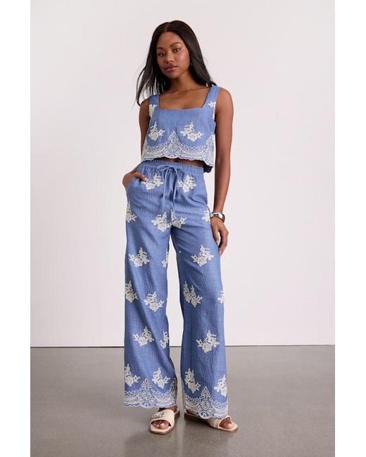 Lulus Blue Havana Embroidered Drawstring Wide-Leg Pants