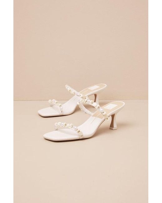 Dolce Vita Natural Grason Leather Pearl Beaded High Heel Slide Sandals