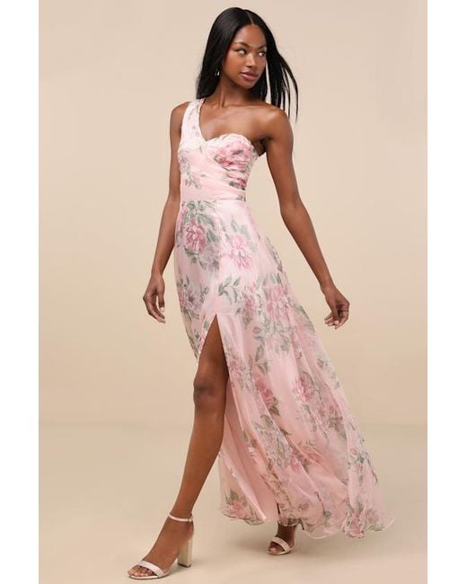 Lulus Pink Truly Extraordinary Floral Organza One-Shoulder Maxi Dress