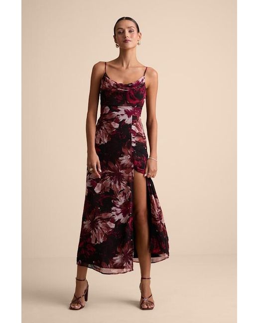Lulus Red Flowery Passion Floral Print Cowl Neck Midi Dress
