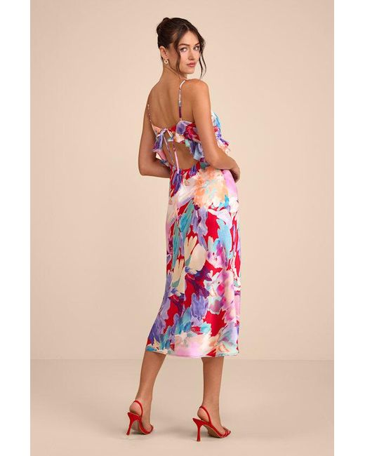 Lulus Red Augustina Multi Floral Satin Ruffled Midi Dress