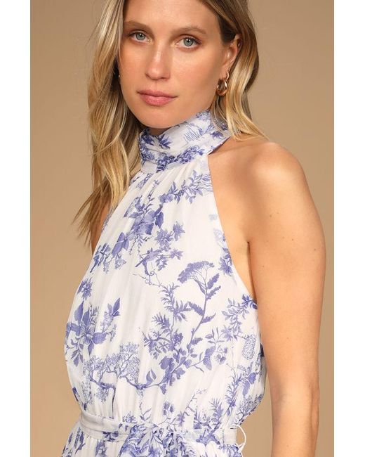 Lulus Blue Float To You Floral Print Halter Tiered Midi Dress