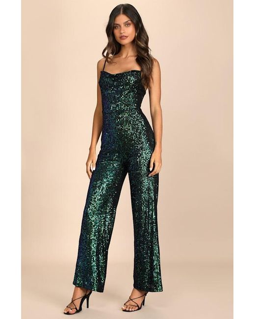 Lulus Blue Dancing To The Music Iridescent Sequin Wide-Leg Jumpsuit