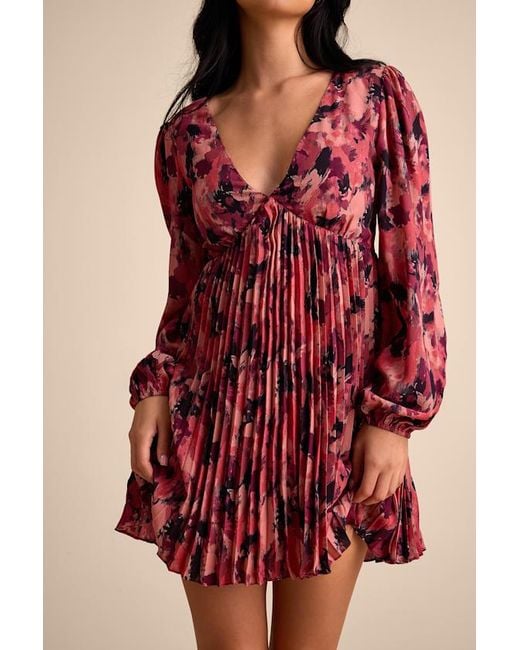 Lulus Red Lowri Multi Abstract Long Sleeve Babydoll Mini Dress