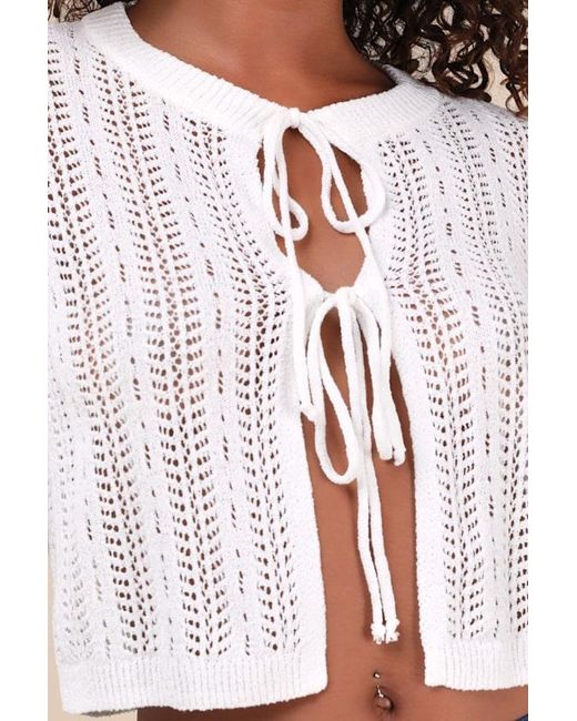 Lulus White Alwilda Pointelle Knit Tie-Front Cardigan Sweater Top