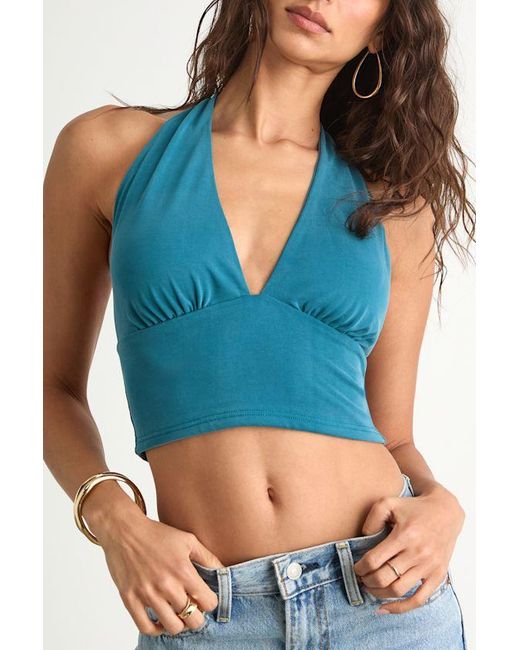 Lulus Blue Niyara Dark Jersey Knit Halter Crop Top