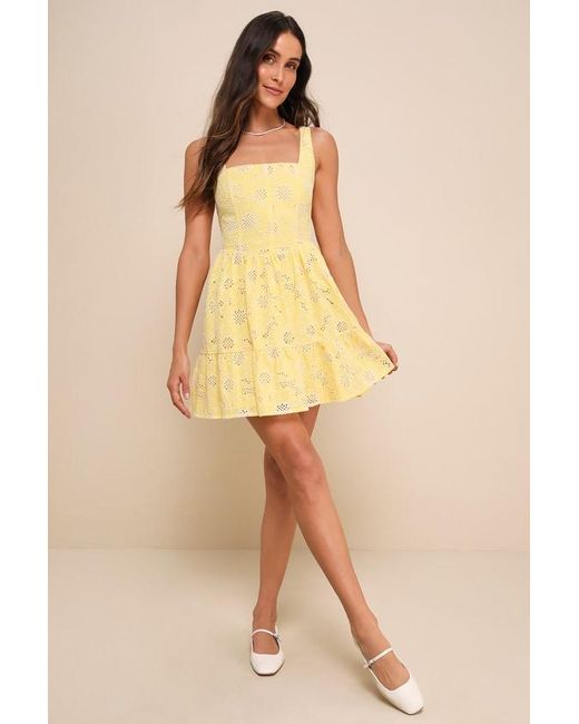 Lulus Yellow Bright Personality Embroidered Floral Skater Mini Dress