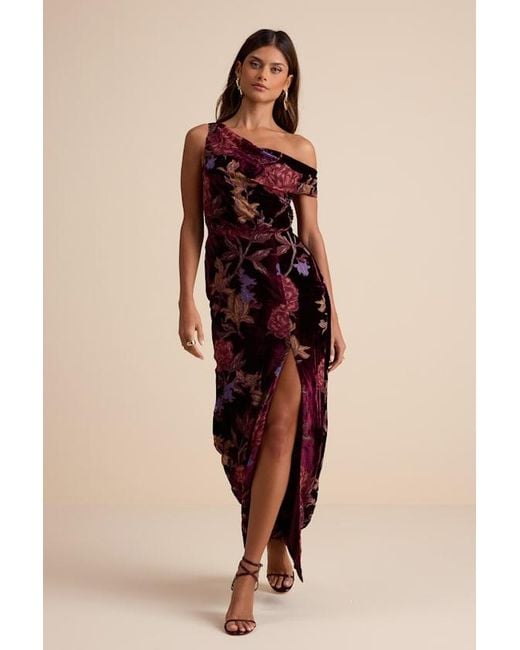 Lulus Natural Marnella Floral Velvet Burnout Asymmetrical Maxi Dress