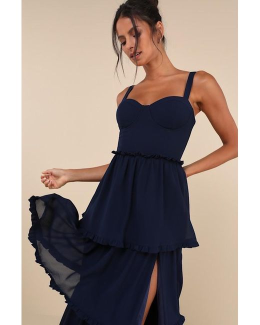 Lulus Blue Sophisticated Occasion Bustier Lace-Up Maxi Dress
