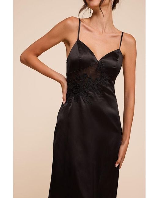 Lulus Black Kimberly Satin Crochet Lace Slip Midi Dress