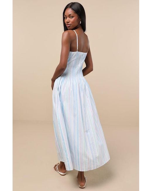 Lulus Blue Jalessa Multi Striped Drop Waist Midi Dress