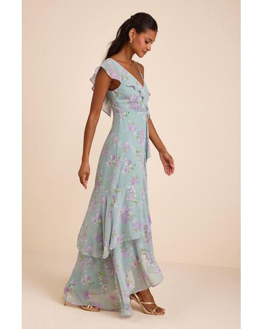 Lulus Green Velma Sage Floral Ruffled Asymmetrical Maxi Dress
