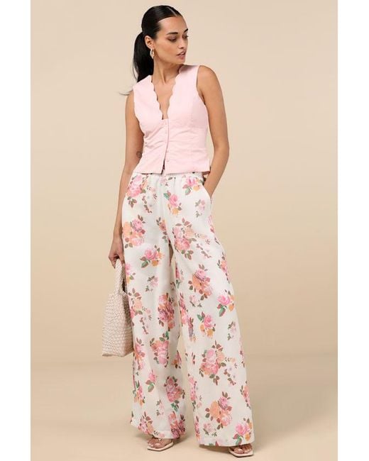 Lulus Natural Zerina Floral Print Wide-Leg Pants