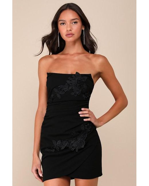 Lulus Black Divine Sensation 3D Embroidered Strapless Mini Dress