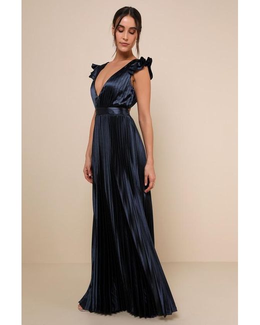 Lulus Blue Exceptional Drama Satin Lace-Up Pleated Maxi Dress