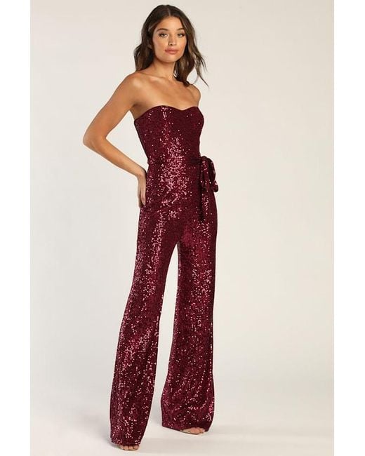 Lulus Red Flirty Moves Sequin Strapless Wide-Leg Jumpsuit