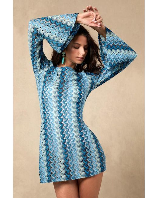 Lulus Blue Valestra Striped Crochet Long Sleeve Swim Cover-Up Dress