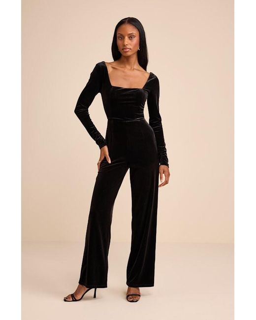 Lulus Black Asalia Velvet Lace-Up Long Sleeve Straight-Leg Jumpsuit