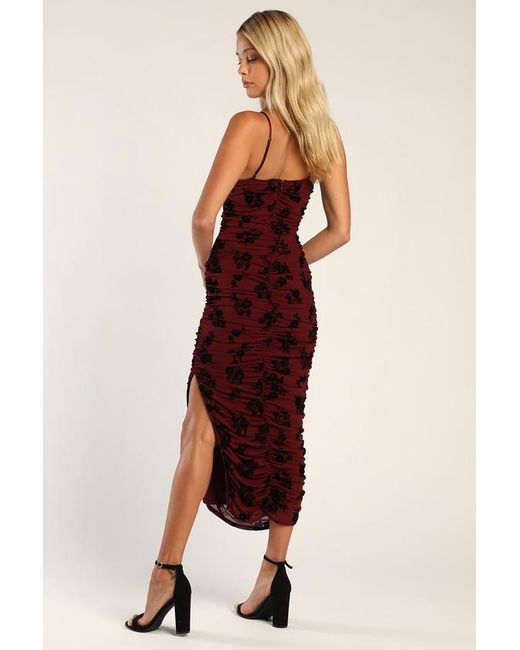 Lulus Red Eloquent Essence Burnout Velvet Floral Midi Dress