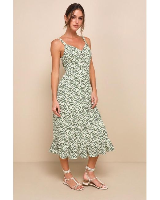 Lulus Green Darling Daisies Floral Print Midi Dress