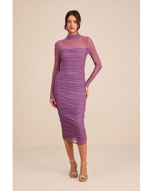 Lulus Pink Impressive Flirt Mesh Ruched Mock Neck Midi Dress