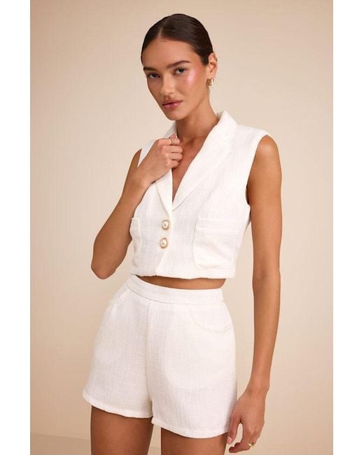 Lulus Brown Perfect Company Tweed Sleeveless Cropped Blazer