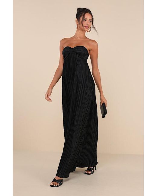 Lulus Black Whimsical Beauty Satin Plisse Strapless Maxi Dress