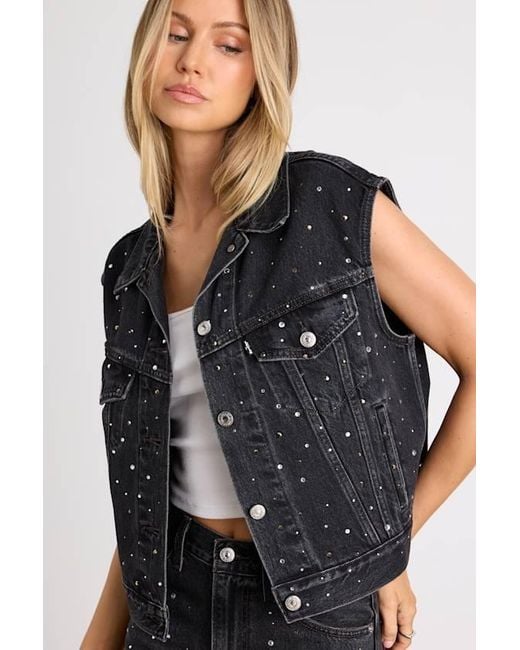 Levi's Shrunken '90S Washed Bedazzled Trucker Denim Vest in Black