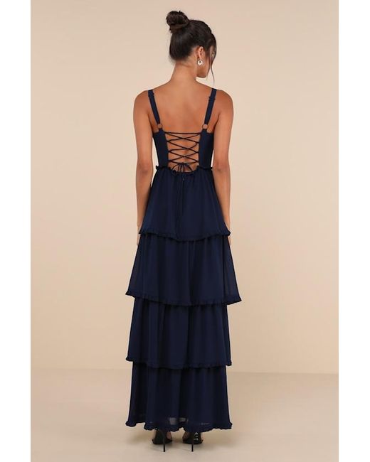 Lulus Blue Sophisticated Occasion Bustier Lace-Up Maxi Dress