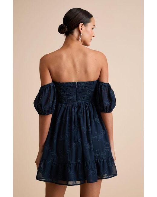 Lulus Blue Cutest Icon Embroidered Off-The-Shoulder Mini Dress