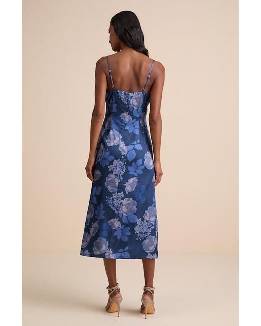 Lulus Blue Favorite Icon Floral Satin Cowl Neck Slip Midi Dress