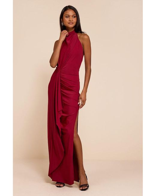 Lulus Red Mystras Slinky Knit Backless Halter Maxi Dress