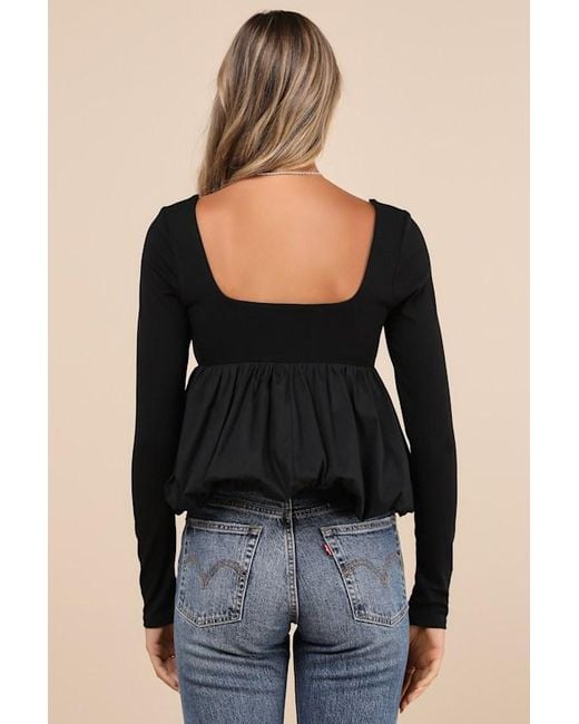 Lulus Black Compelling Delight Long Sleeve Bubble-Hem Top