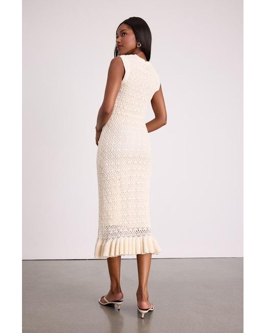 Lulus Pink Nusa Cream Crochet Ruffled Column Midi Dress