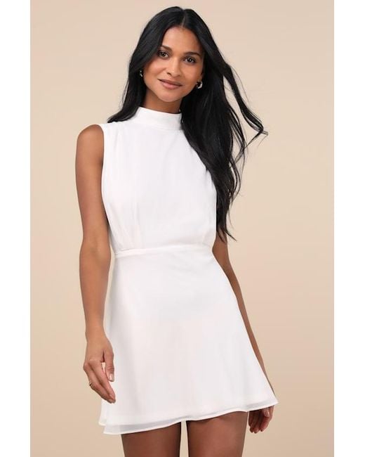 Lulus Natural Classic Elegance Chiffon Sleeveless Mock Neck Mini Dress