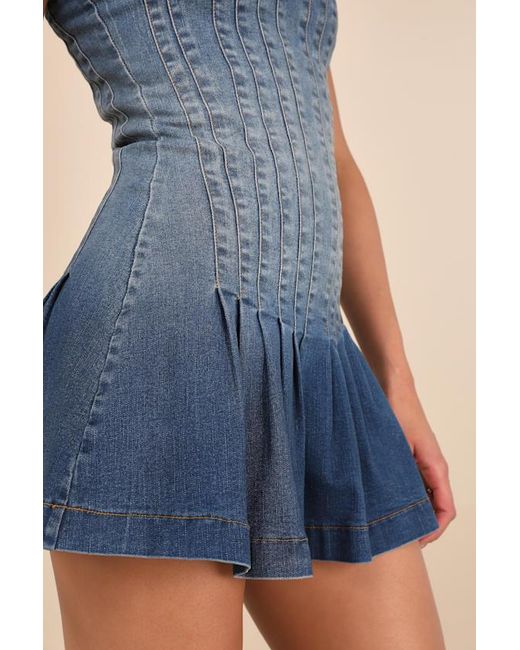 Lulus Blue Mazikeen Medium Wash Ombre Denim Pleated Mini Dress