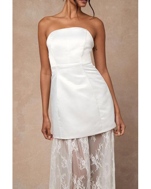 winslet white satin sheer hem strapless maxi dress Winslet White Satin Sheer Hem Strapless Maxi
