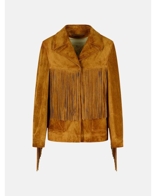 Golden Goose Deluxe Brand Yellow Women's Jacket In Tobacco Suede With Fringes