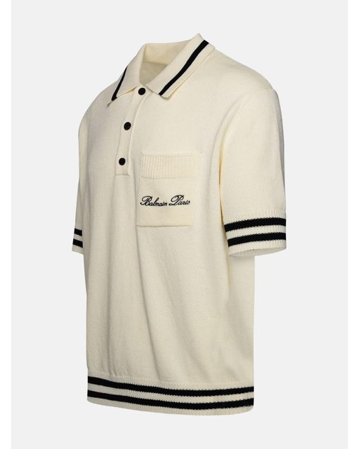 Balmain Natural ' Iconica' Ivory Cotton Blend Polo Shirt for men