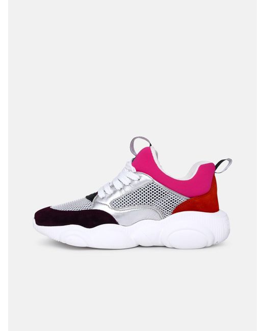 Moschino Suede White And Fuchsia Fabric Orso Sneakers | Lyst