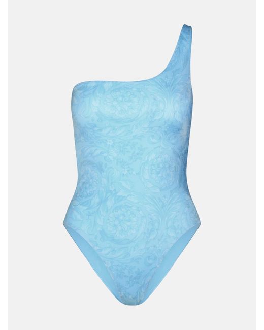 Versace Blue Asymmetric 'barocco' One-piece Swimsuit In Polyeste