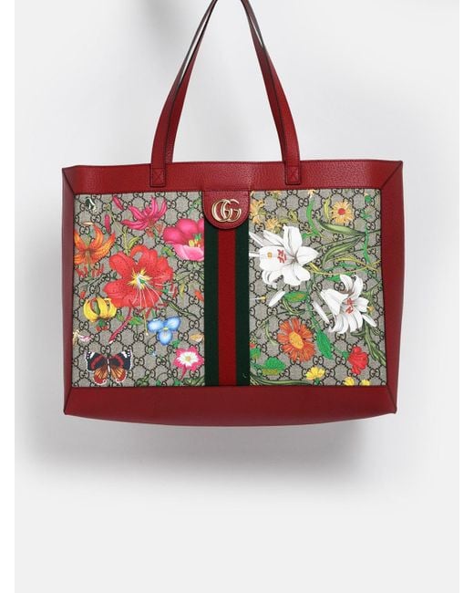 Gucci Red Ophidia Floral And GG Supreme Tote
