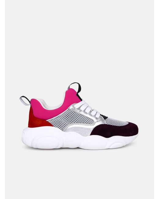 Moschino Suede White And Fuchsia Fabric Orso Sneakers | Lyst