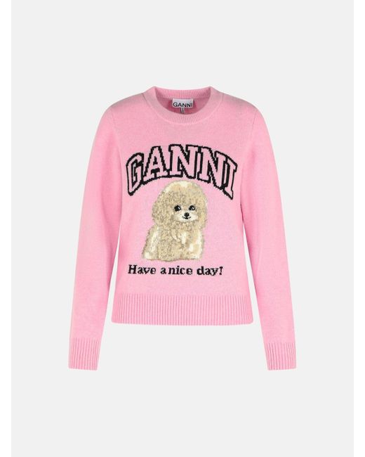 Ganni Pink Poodle Graphic Sweater In Wool Blend