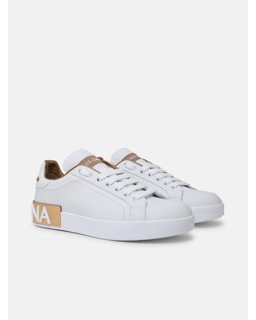 Dolce & Gabbana White And Gold Leather Portofino Sneakers