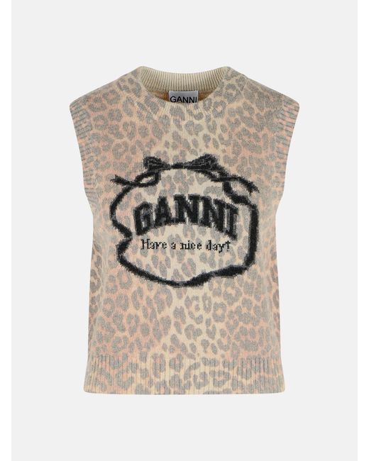 Ganni Gray 'Leopard' Wool Blend Vest